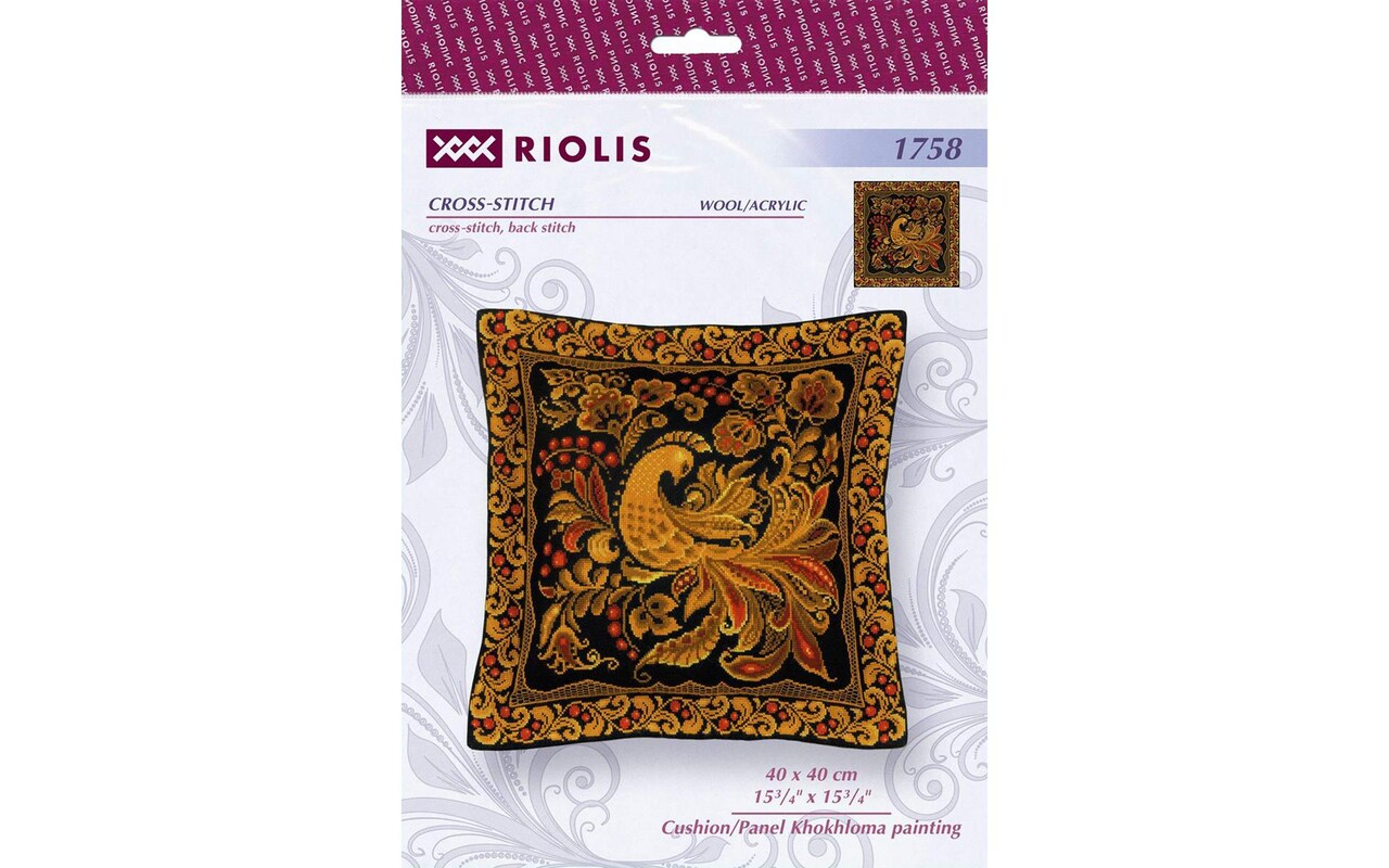 Riolis Cross Stitch Kit Cushion/Panel Khokhloma, 15 3/4" x 15 3/4" (40 x 40 cm), stranded cotton, cross-stitch, half cross-stitch, back stitch and combined colors, included all supplies